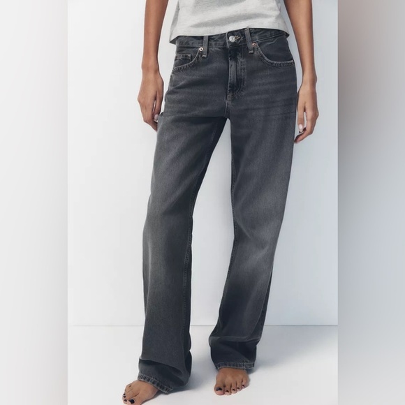 Zara TRF Mid Rise Wide Leg Jeans Black washed US 8 - Picture 1 of 12